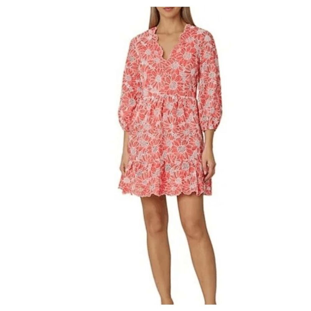 Milly Brielle Coral Eyelet Cotton Knit Mini Dress Ruffle Elastic cuffs Size 8‎